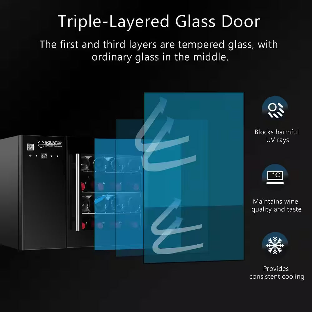 22In. Single Temperature Zone 12-Bottles Countertop/Wall-Mounted Beverage and Wine Cooler Black with anti UV Glass Door