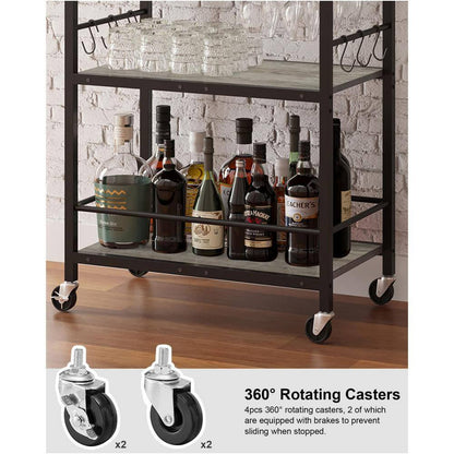 3-Tier Greige Metal Serving Cart with Wood Shelf, Hooks, Wine Rack and Glass Holder