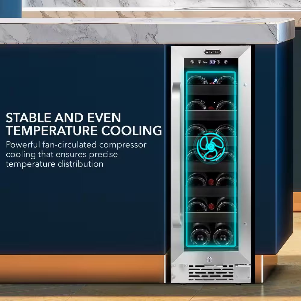 12 In. 20-Bottle Wine Cooler Fridge Built-In, Freestanding, or Undercounter Stainless Steel Glass Door Carbon Filter