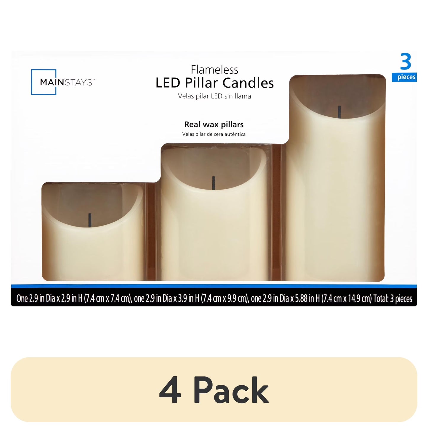 Unscented Flameless LED Pillar Candle, Ivory, Various Sizes, 3 Count