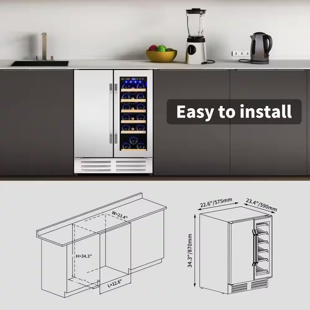 24 In.Dual Zone 20-Wine Bottles and 88-Can Built-In and Freestanding with French Door Beverage Cooler in Stainless Steel