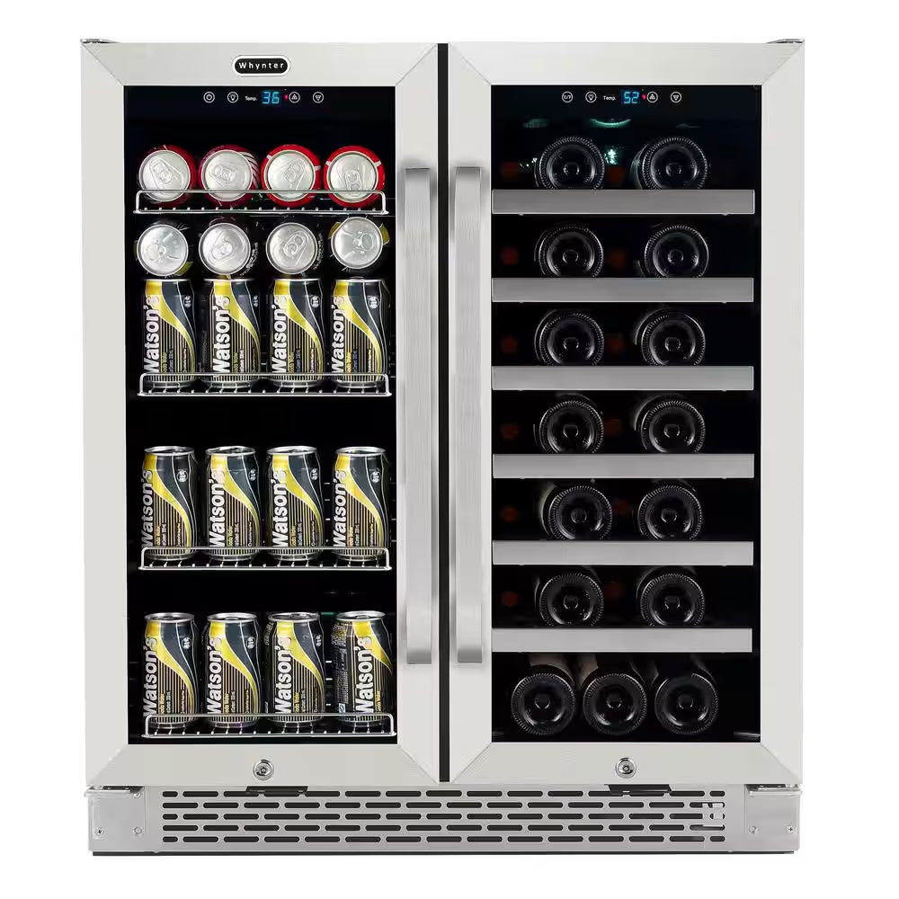 24 In. Dual Zone under Counter Wine and Beverage Cooler Fridge French Doors with Lock, Stainless Steel UV Protection