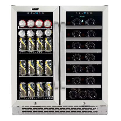 24 In. Dual Zone under Counter Wine and Beverage Cooler Fridge French Doors with Lock, Stainless Steel UV Protection