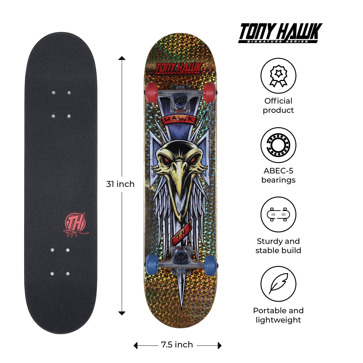 31” Metallic Gold Hawk Dagger Popsicle Skateboard, 50Mm X 30Mm Wheels, Kids Ages 5+