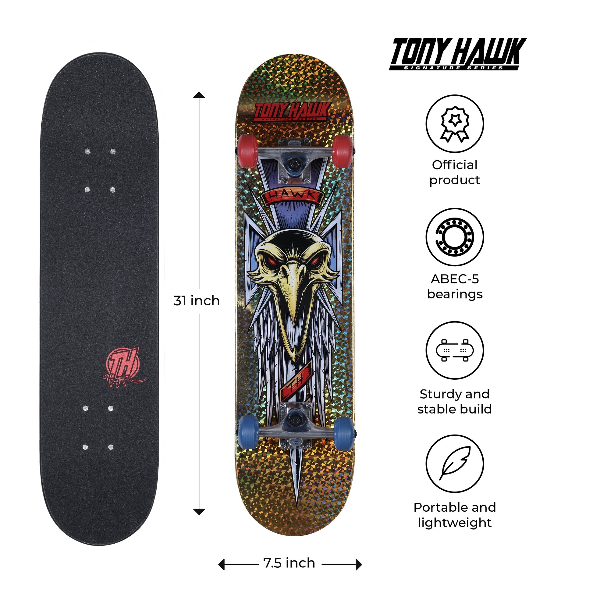 31” Metallic Gold Hawk Dagger Popsicle Skateboard, 50Mm X 30Mm Wheels, Kids Ages 5+