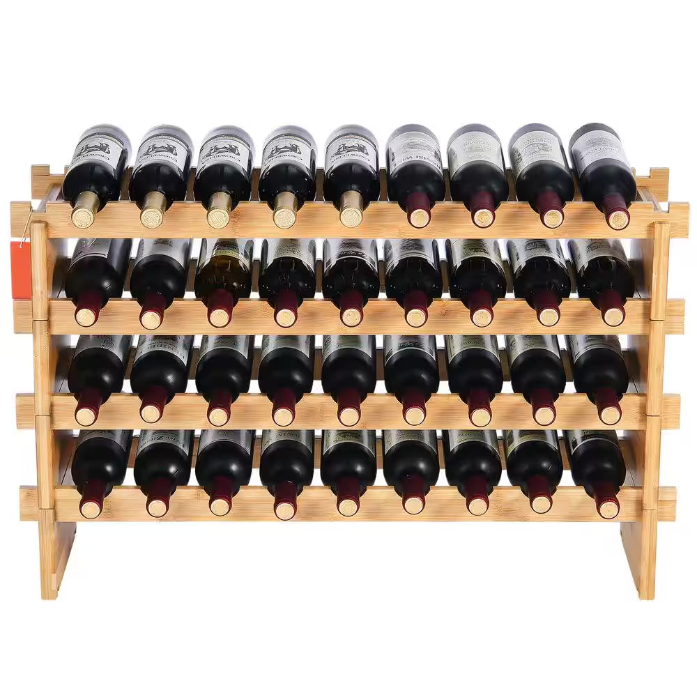 36-Bottle Stackable Wine Rack, 4-Tier Bamboo Storage Display Shelf, Wobble-Free Wine Holder for Kitchen, Bar, and Cellar