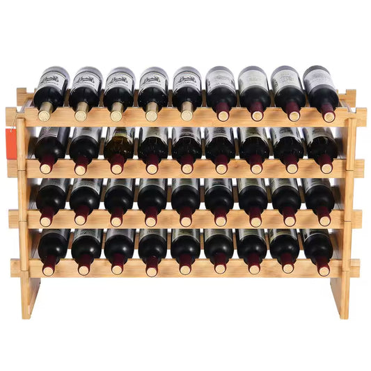 36-Bottle Stackable Wine Rack, 4-Tier Bamboo Storage Display Shelf, Wobble-Free Wine Holder for Kitchen, Bar, and Cellar