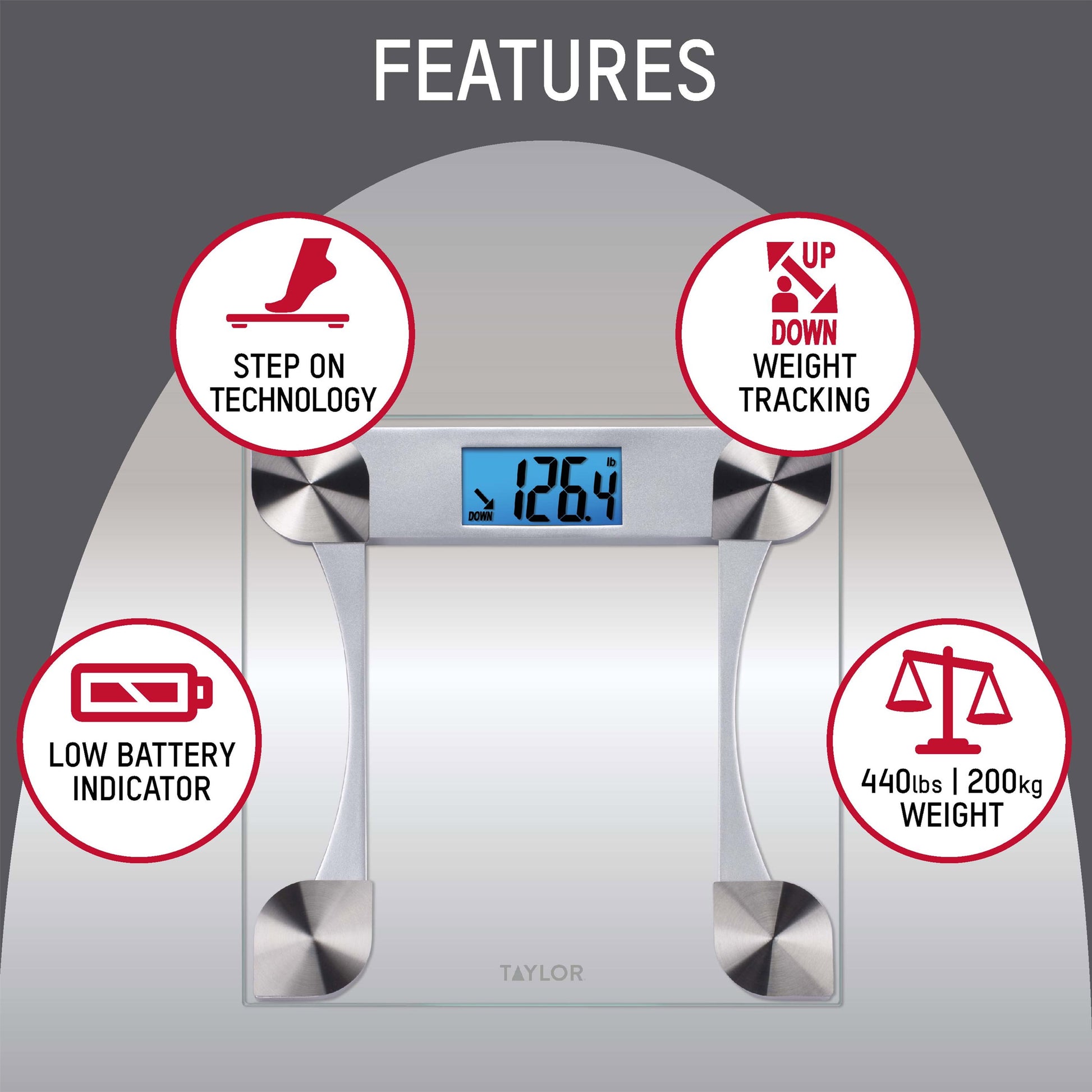 Taylor 12.2" X 12.2" Weight Tracking Glass Body Weight Scale Battery Powered, FSA HSA Eligible, 440 Lb Capacity, Clear