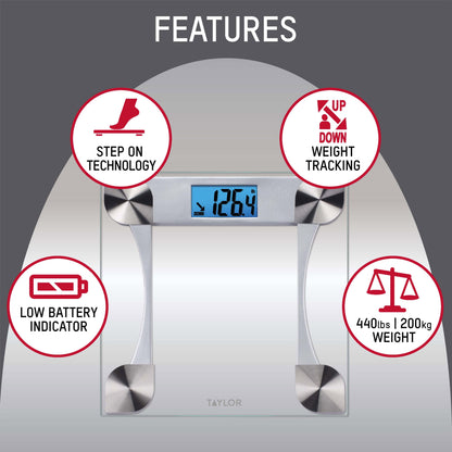 Taylor 12.2" X 12.2" Weight Tracking Glass Body Weight Scale Battery Powered, FSA HSA Eligible, 440 Lb Capacity, Clear