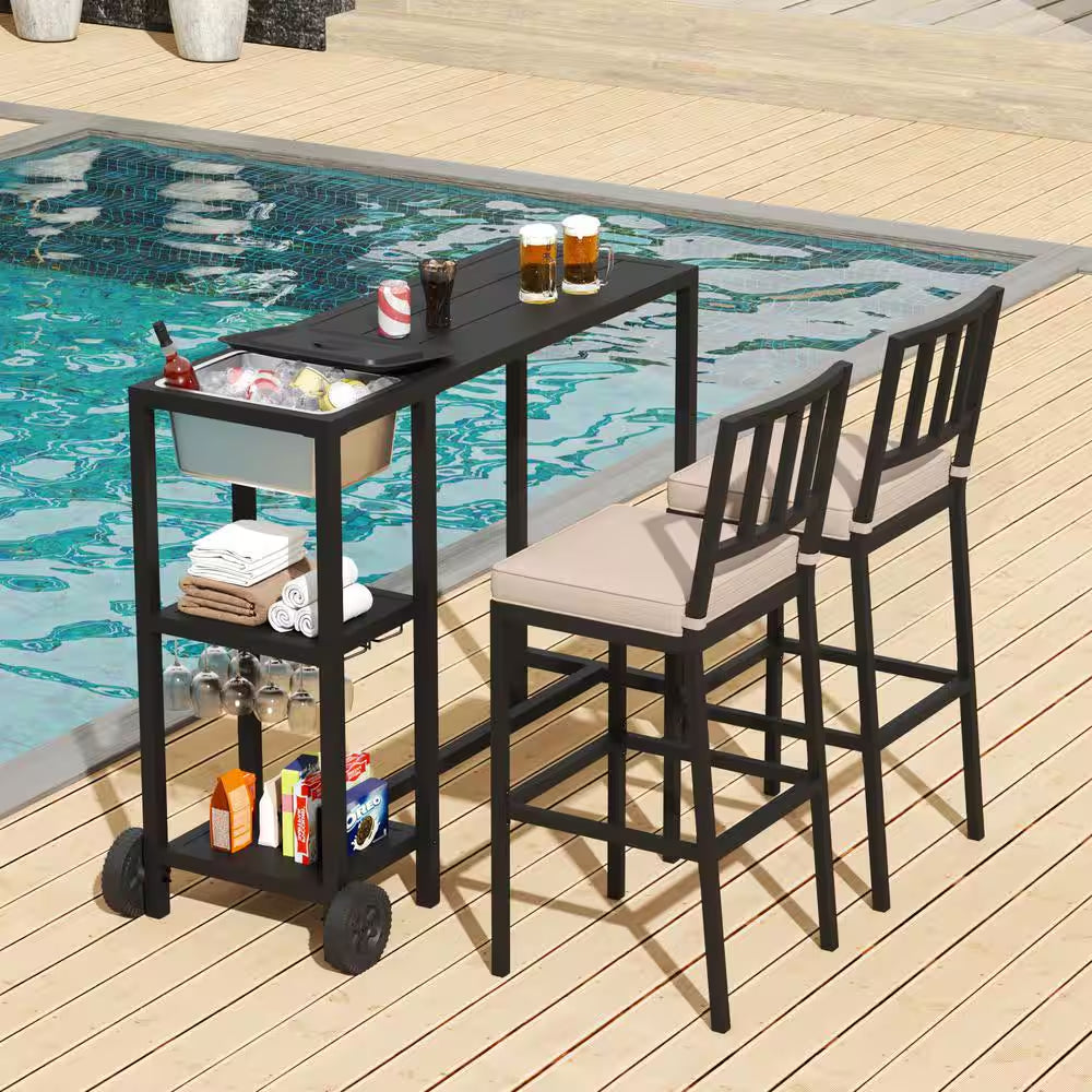 47 In. Outdoor Rectangular Metal Bistro Table Patio Counter Height Bar Table with Wheels