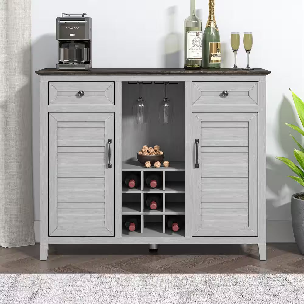 Scandinavian 47 In. Gray Wine Cabinet with Textured Patterns Door and Wooden Pattern Countertop