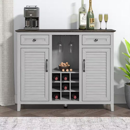 Scandinavian 47 In. Gray Wine Cabinet with Textured Patterns Door and Wooden Pattern Countertop
