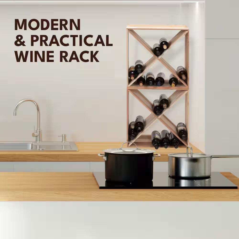 24-Bottle Burlywood Modular Wine Rack, Stackable Wine Storage Cube for Bar Cellar Kitchen Dining Room