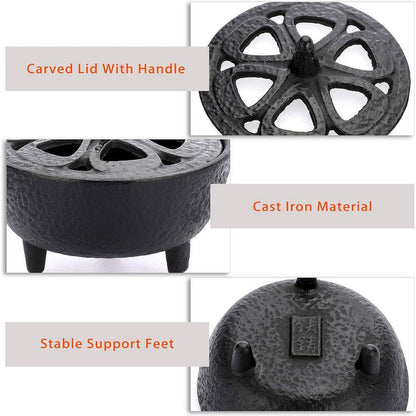Vintage Tripod Cast Iron Incense Burner with Lotus Lid
