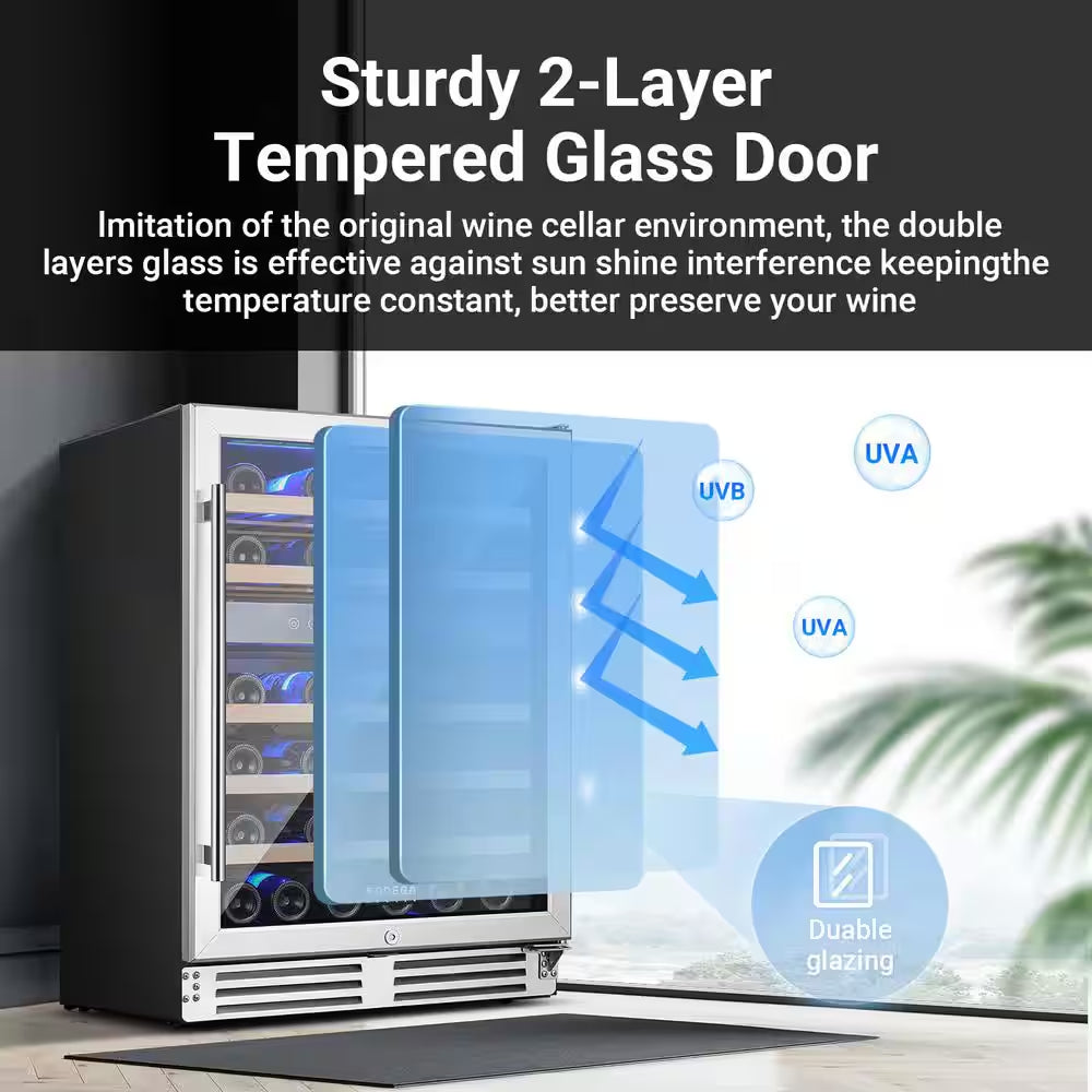 24 In. Dual Zone 46-Wine Bottles Beverage & Wine Cooler with Double-Layer Tempered Reversible Door in Stainless Steel